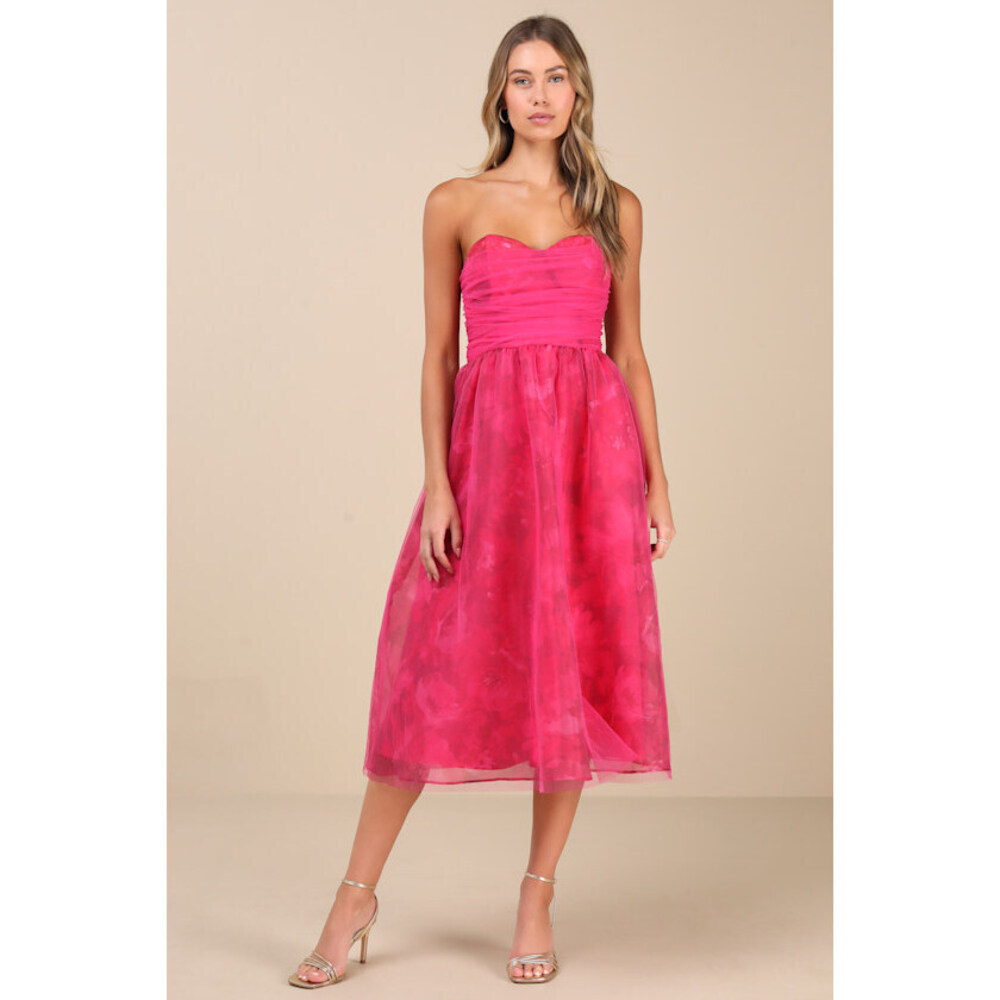 Lulus Splendidly Yours Pink Floral Organza Mesh Strapless Midi Dress - Size S